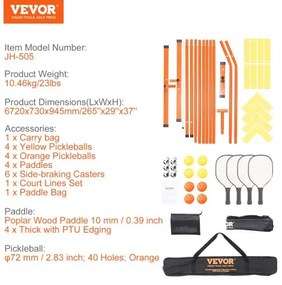 VEVOR Pickleball Net Set, 22FT Regulation Size Portable Pickleball System with Bags, Balls, Paddles, Wheels, and Court Lines, Weather Resistant Metal Frame &amp; PE Net, for Outdoor Backyard Driveway