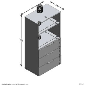 FMD Συρταριέρα με 3 Συρτάρια και Ανοιχτά Ράφια Μαύρη - Μαύρο