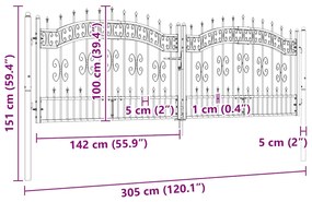 vidaXL Πόρτα Περίφραξης με Κορυφή Δόρυ Μαύρη 305x100 εκ. από Ατσάλι με Ηλεκτροστατική Βαφή
