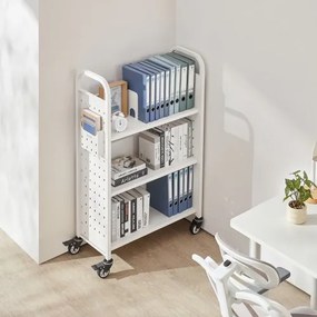 VEVOR 3-Tier Rolling Book Cart Single Sided L-Shaped Shelves Book Truck in White
