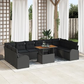 vidaXL Σετ Καναπέ Κήπου 11 κομματιών με Μαξιλάρια Μαύρο Πολυ Ρατάν