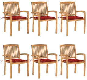 Καρέκλες Κήπου Στοιβαζόμενες 6 τεμ. Μασίφ Ξύλο Teak &amp; Μαξιλάρια - Κόκκινο