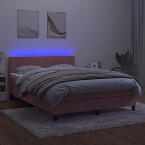 vidaXL Κρεβάτι Boxspring με Στρώμα &amp; LED Ροζ 140x200 εκ. Βελούδινο