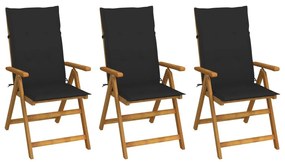 Καρέκλες Κήπου Πτυσσόμενες 3 τεμ. από Ξύλο Ακακίας με Μαξιλάρια - Μαύρο