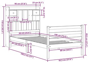 Κρεβάτι Βιβλιοθήκη Χωρίς Στρώμα 90x190 εκ Μασίφ Ξύλο Πεύκου - Καφέ