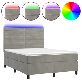 Κρεβάτι Boxspring με Στρώμα&amp;LED Αν. Γκρι 140x190 εκ. Βελούδινο - Γκρι