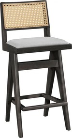 Σκαμπό bar Winslow pakoworld ξύλο rubberwood μαύρο-pvc rattan φυσικό-ύφασμα γκρι 44.5x46x98εκ