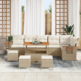 vidaXL Σετ καναπέ κήπου 10 τεμαχίων με μαξιλάρια, μπεζ, πολυ ρατάν, ακακία