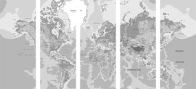 Κλασικός παγκόσμιος χάρτης εικόνας 5 τμημάτων σε ασπρόμαυρο - 200x100