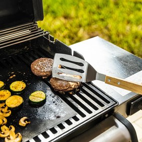 Σετ από 3 σκεύη BBQ Kinghoff KH 1918, Σπάτουλα, Σπάτουλα, Πιρούνι, Ξύλινες λαβές, Βρόχοι για κρέμασμα, Inox/καφέ