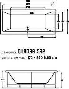 Sanitec Quadra 532Q - Παραλληλόγραμμη Μπανιέρα 170x80 εκ - Pneumatic Basic, Χωρίς, Χωρίς, Χωρίς