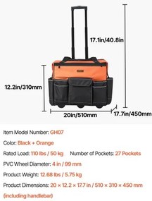 VEVOR Rolling Tool Bag 27 Pockets Heavy Duty Roller Tool Bag on Wheels