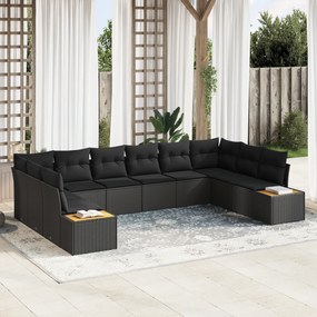 vidaXL Σετ Καναπέ Κήπου 10 Τεμαχίων με Μαξιλάρια Μαύρο Πολυ Ρατάν Ακακία