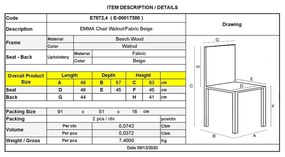 Καρέκλα Emma Οξυά Καρυδί/Ύφασμα Μπεζ Συσκ.2τμχ 49x57x83cm