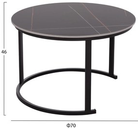 Τραπεζάκια σαλονιού TALOS Σετ 2 τμχ. Κεραμικό TOP με Όψη Μαύρου Μαρμάρου Φ70 + Φ50εκ. 70x70x45.5 εκ.