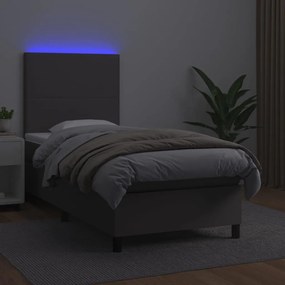 vidaXL Κρεβάτι Boxspring με Στρώμα &amp; LED Γκρι 90x190 εκ. Συνθ. Δέρμα