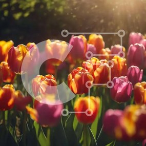 Intra Συλλεκτικό Ξύλινο Παζλ Plywood 4mm - Πολύχρωμο πεδίο τουλίπας στο φως του ήλιου την άνοιξη Σε Ξύλινο Κουτί - Διαστάσεις: 10x10 cm – 25 κομμάτια