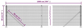 vidaXL Συρματόπλεγμα Περίφραξης Ανθρακί 0,8x10 μ. με Βάσεις Φλάντζα