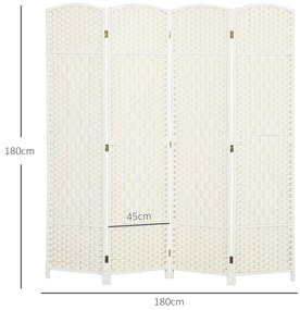 HOMCOM Διαχωριστικό χώρου, 4 πτυσσόμενο διαχωριστικό, σχέδιο πλέξης, ξύλο πεύκου, λευκό