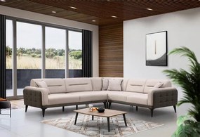 Stewehome Γωνιακός καναπές από γκρι δέρμα και καπουτσίνο ύφασμα