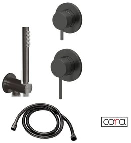 Cora Cosmo Μίκτης εντοιχισμού με εκτροπέα 2/3 εξόδων &amp; Επίτοιχη παροχή νερού, με τηλέφωνο &amp; σπιράλ 1,5μ PVD Black Brushed