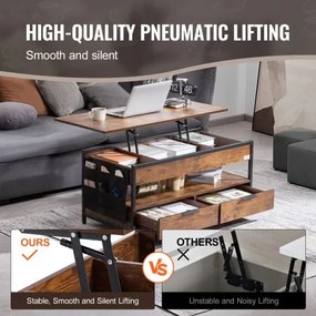 VEVOR Lift Top Coffee Table 39.4" Rectangle Coffee Table with Light &amp; USB Brown