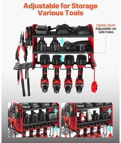 VEVOR Power Tool Organizer Wall Mount, 3-Layer Storage Rack with 4 Drill Holders, Tools Holder and Storage Rack with Side Pegboards, Garage Tool Organizer for Garage, Workbench, and Workshop
