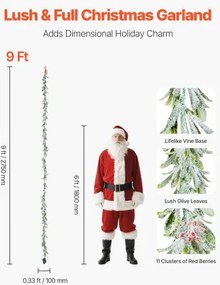 VEVOR 9Ft Christmas Garland with Faux Vines Berries Olive Leaves &amp; Light String