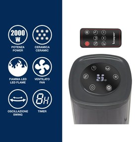 Κεραμική θερμάστρα Beper P203TER011, 2000W, οθόνη LED, 3D εφέ φωτιάς, χρονοδιακόπτης έως 8 ώρες, Μαύρο