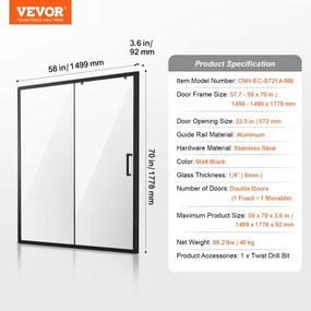 VEVOR Semi-frameless Shower Door 57.7-59&quot; x 70&quot; Tempered Glass 1/4&quot; Matte Black
