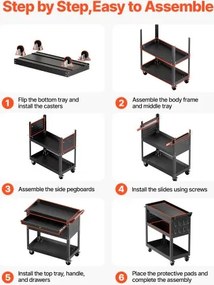 VEVOR 4-Tier Tool Cart on Wheels 350 lb Rolling Work Cart with Drawer &amp; Pegboard