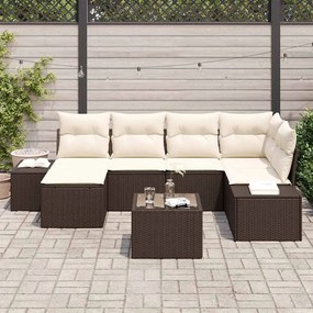 vidaXL Σετ Καναπέ Κήπου με μαξιλάρι 7 pcs Καφέ και κρεμ Πολυ ράταν