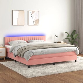 vidaXL Κρεβάτι Boxspring με Στρώμα &amp; LED Ροζ 180x200 εκ. Βελούδινο