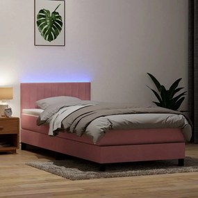 vidaXL Κρεβάτι Boxspring με Στρώμα &amp; LED Ροζ 80x220 εκ. Βελούδινο