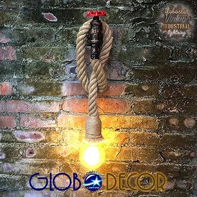 GloboStar TROUVER 01183 Vintage Industrial Φωτιστικό Τοίχου Απλίκα Μονόφωτο Μπρούτζινο Σκουριά Μεταλλικό με Μπεζ Σχοινί Μ14.5 x Π3.3 x Υ16cm