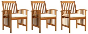 Καρέκλες Τραπεζαρίας Κήπου 3 τεμ Μασίφ Ξύλο Ακακίας &amp; Μαξιλάρια - Λευκό