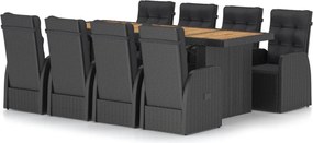 vidaXL Σετ Τραπεζαρίας Εξ. Χώρου 9 τεμ. Μαύρο Συνθ. Ρατάν με Μαξιλάρια