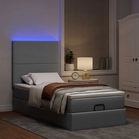 vidaXL Οθωμανικό κρεβάτι με στρώμα &amp; LEDs Ανοιχτό γκρι Ύφασμα