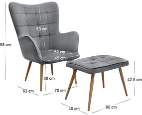 Πολυθρόνα - Μπερζέρα με υποπόδιο Lily Megapap γκρι βελούδο - μεταλλικό πόδι χρώμα φυσικό 70x62x98εκ.