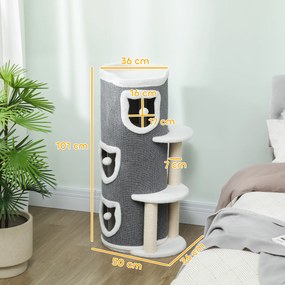 Πύργος Γάτας 101 cm, 3 Επίπεδα, 3 Υπνοδωμάτια, Μπάλες Παιχνιδιού, Στύλοι Ξυσίματος, Σιζάλ, Πάνελ Μοριοσανίδας, Γκρι