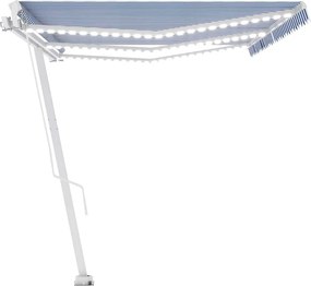 vidaXL Χειροκίνητη τέντα με ηλιακό LED 6 x 3 m Μπλε και Λευκή Ράβδος