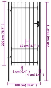 vidaXL Καγκελόπορτα Μονή με Ακίδες Μαύρη 1 x 2 μ. Ατσάλινη