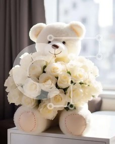 Intra Συλλεκτικό Ξύλινο Παζλ Plywood 4mm - Μπουκέτο Λευκό αρκουδάκι με λευκά τριαντάφυλλα Σε Ξύλινο Κουτί - Διαστάσεις Puzzle: 10x10 cm – 25 κομμάτια