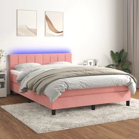 Κρεβάτι Boxspring με Στρώμα &amp; LED Ροζ 140x190 εκ. Βελούδινο
