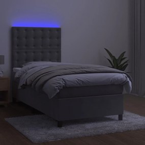 vidaXL Κρεβάτι Boxspring με Στρώμα &amp; LED Αν.Γκρι 90x200 εκ. Βελούδινο