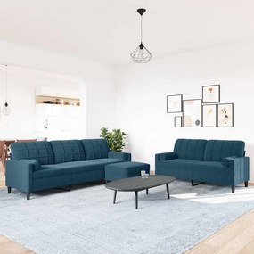 vidaXL Σετ Σαλονιού 3 Τεμ. Μπλε Βελούδινο με Μαξιλάρια/Στηρίγματα