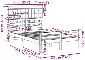 Κρεβάτι Βιβλιοθήκη Χωρίς Στρώμα 135x190 εκ Μασίφ Ξύλο Πεύκου - Καφέ