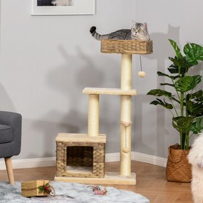 PawHut Δέντρο Γάτας από Rattan, Έπιπλο για Γατάκια με Σπηλιά, Μπάλα Παιχνιδιού, Σιζάλ, Μαλακό Βελούδο, PE, Ύψος 108 εκ., Καφέ+Μπεζ