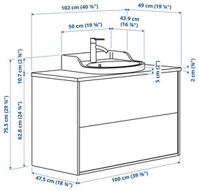 TANNFORSEN/RUTSJON βάση νιπτήρα με συρτάρια/νιπτήρα/μπαταρία, 102x49x76 cm 195.141.08