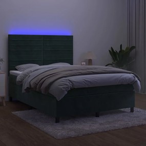 vidaXL Κρεβάτι Boxspring με Στρώμα & LED Σκ. Πράσινο 140x190εκ Βελούδο